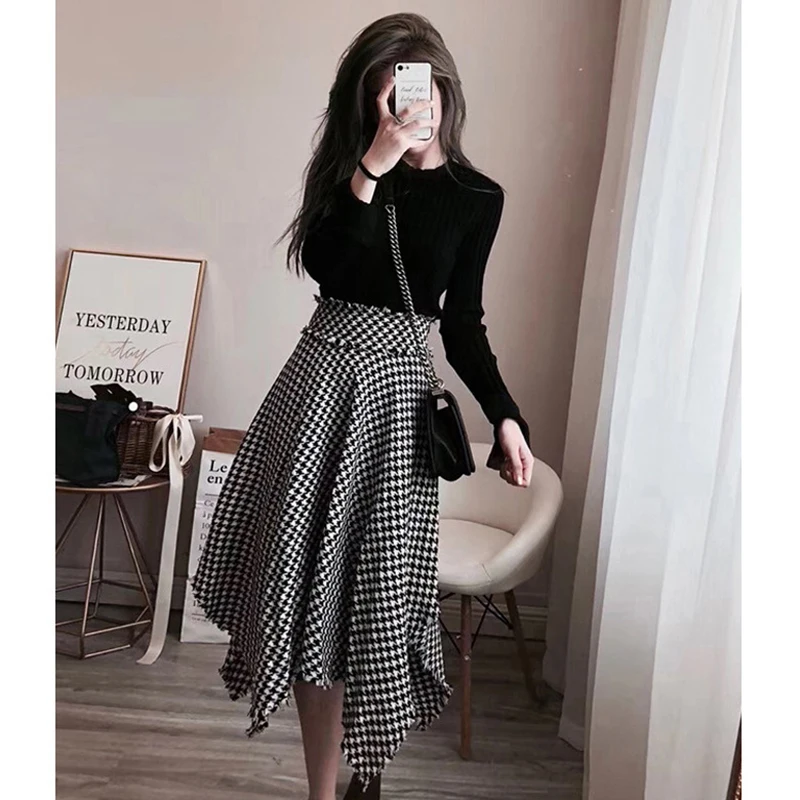 Уличная Осенняя Женский комплект 2 шт. черный свитер+ Асимметричная длинная юбка костюм комплект из 2 предметов наряды для женщин спортивные костюмы