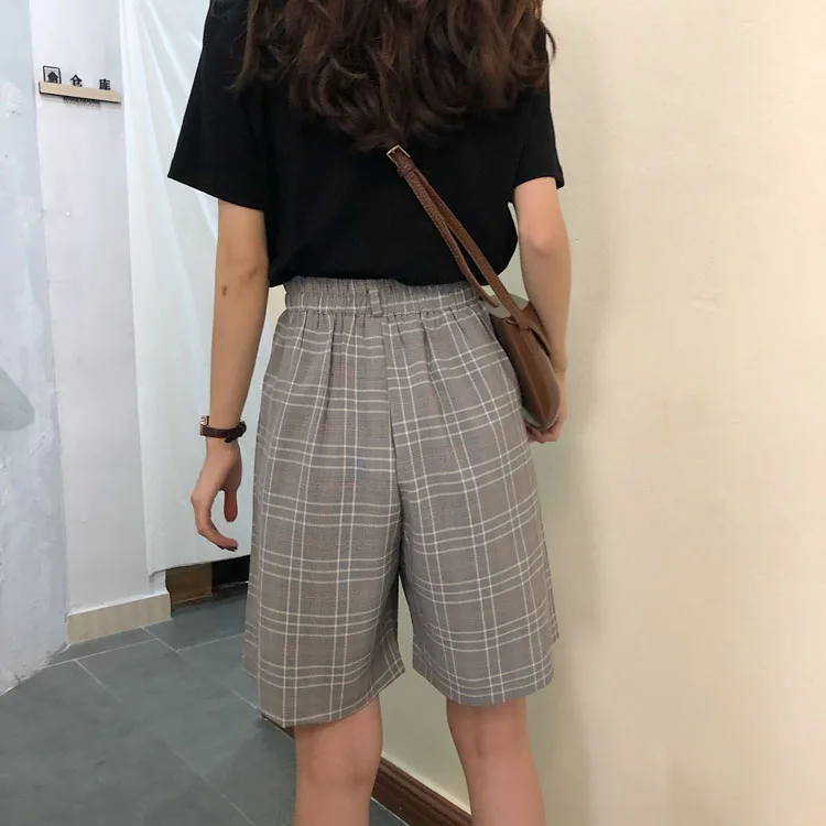 

Booty Shorts High Waist Summer Vintage Plaid Wide Leg Suits Short Women Elegant All Match Straight Belt Shorts Without Sashes