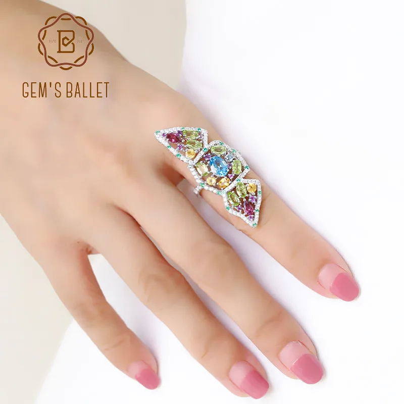 

GEM'S BALLET Multicolor Natural Topaz Amethyst Garnet Peridot Citrine Ring 925 Sterling Silver Section Rings For Women Jewelry