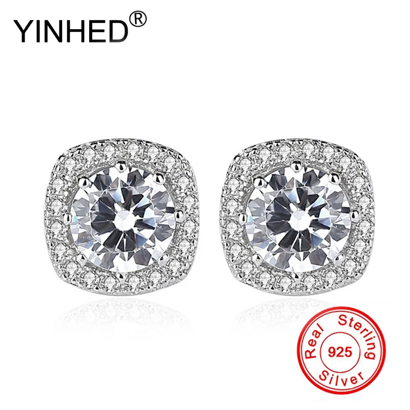 Женские классические серьги гвоздики YINHED прозрачные круглые из серебра 925 пробы