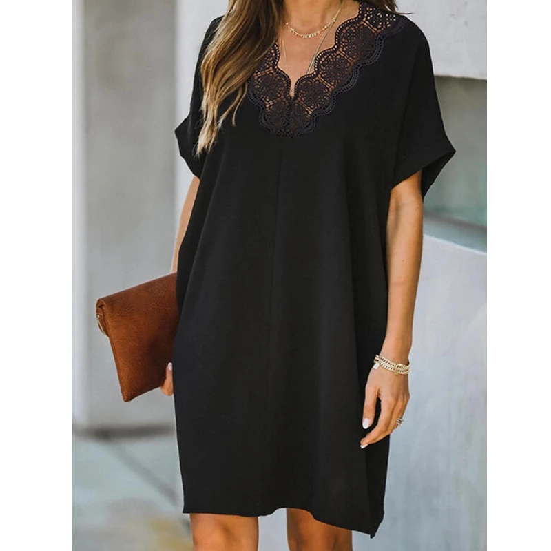 

Lugentolo Black Summer Dress Women Lace Stitching V-neck Short Sleeves Hollow Back Sexy Mini Dress