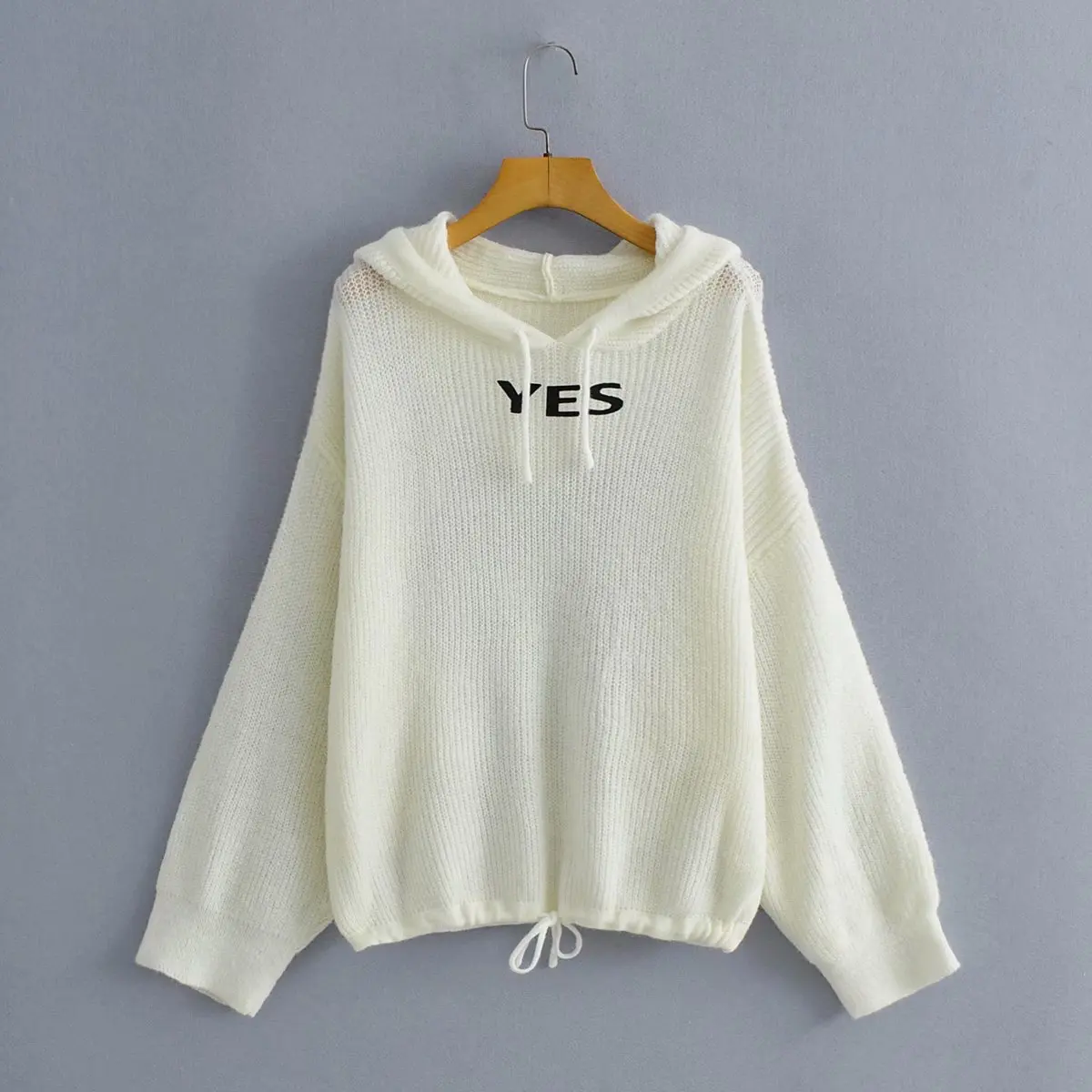 Woman Casual Traf Pull Autumn Embroidery Drawcord Hem Drop Shoulder Knit Jumper Hooded Loose Sweater Femme Coat