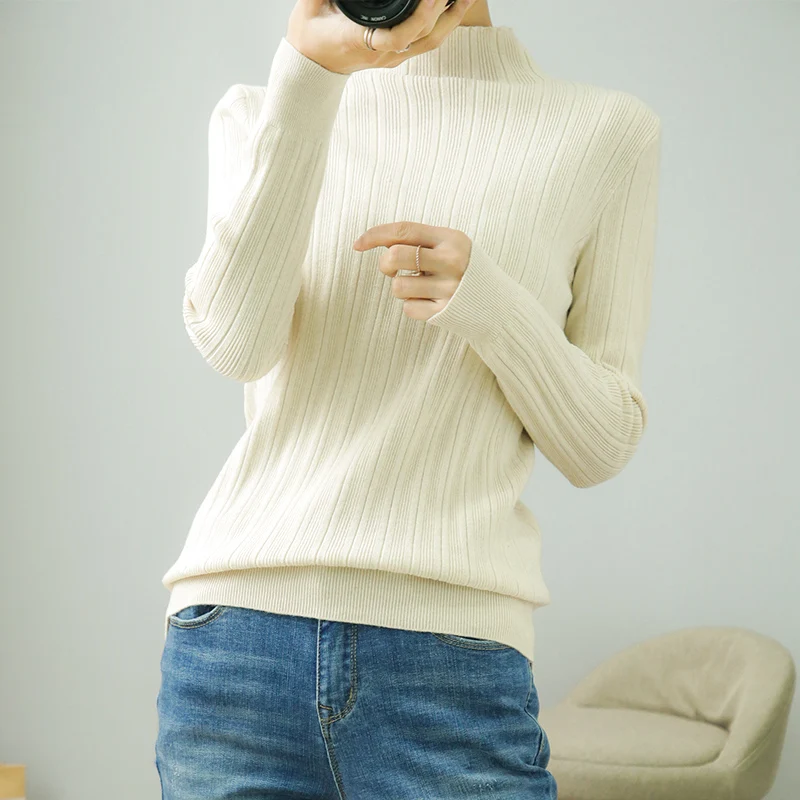 

2020 Autumn and Winter New Women Sweater Hlaf High Neck Sweater Silm Sweater Ladies Pullover Long Sleeve Sold Color Tops