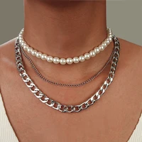 fashion exaggerated punk style thick chains multilayer necklace popular imitation pearl beads choker new jewelry gifts for women
