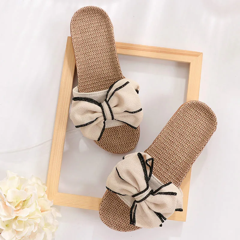 

New Casual Sneakers for Home Slippers Summer Bow-knot Soft Floor Woman Indoor Flats Shoes Cute Linen Slipper Terlik 2020 New