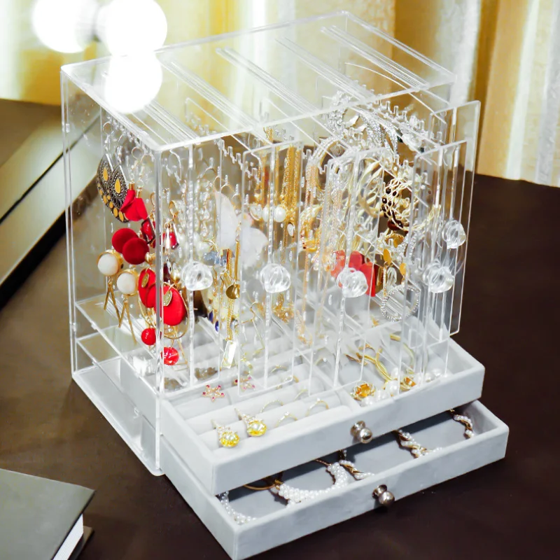 

Multilayer Transparent Earring Hanger with Drawer Plastic Jewelry Box Bracelet Necklace Jewelry Finishing Shelf Large Capacity