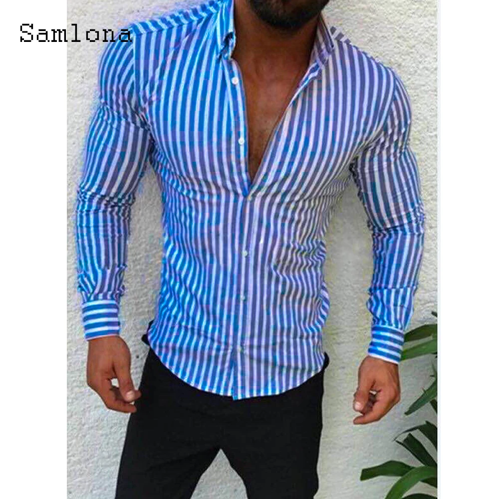 Mens Single Breasted Shirt Long Sleeve Blouse Summer Classic StripesTops Fashion Shirt blusa Sexy Mens Clothing Plus Size S-5XL