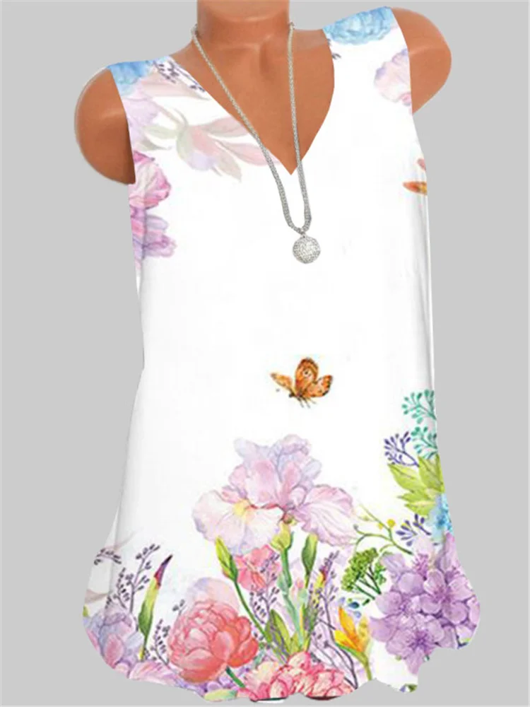 

Sleeveless Women T-shirt Casual Large Size V-neck T-shirt Printed Top Women