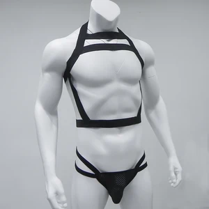 Лидер продаж, мужской костюм с лямкой на шее, бондаж для взрослых, эластичный нагрудный ремень на плечах, ажурное нижнее белье, Комплект трусиков-танга, бандаж