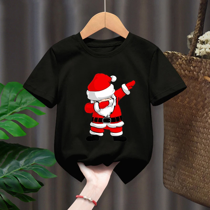 

DERMSPE Kawaii Funny Santa Print Kids Short Sleeved Top Loose Children Fashion Clothes Cartoon Christmas Style Boy Girl T-shirt