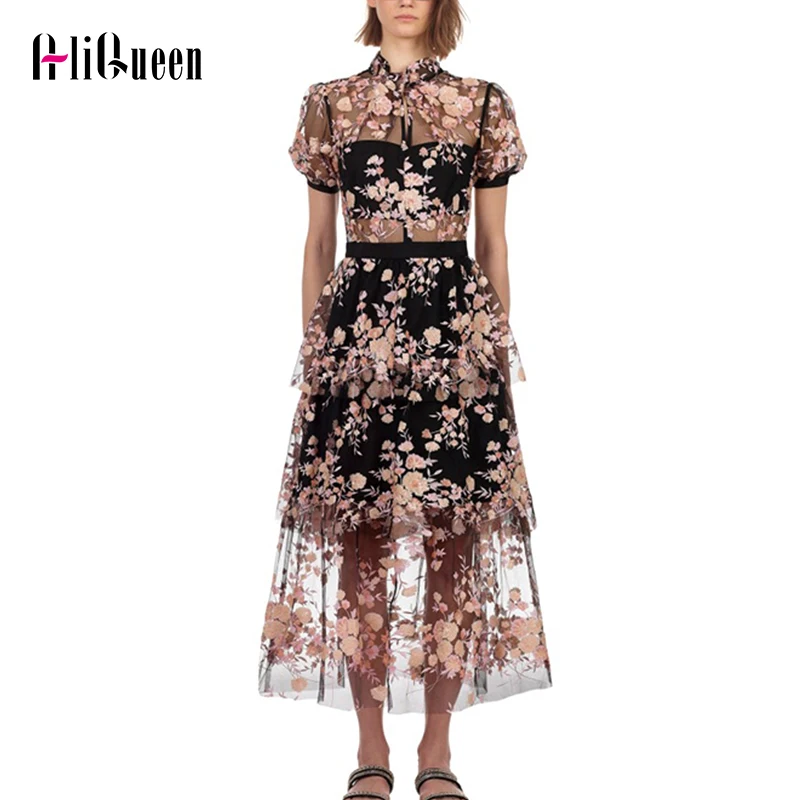 Женское Сетчатое платье-Автопортрет модельное длинное платье макси с цветочной