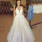 Недорогие кружевные свадебные платья 2021 с V-образным вырезом, светлый цвет шампанского, длина в пол, аппликация, открытая спина, строчка искусственной кожи