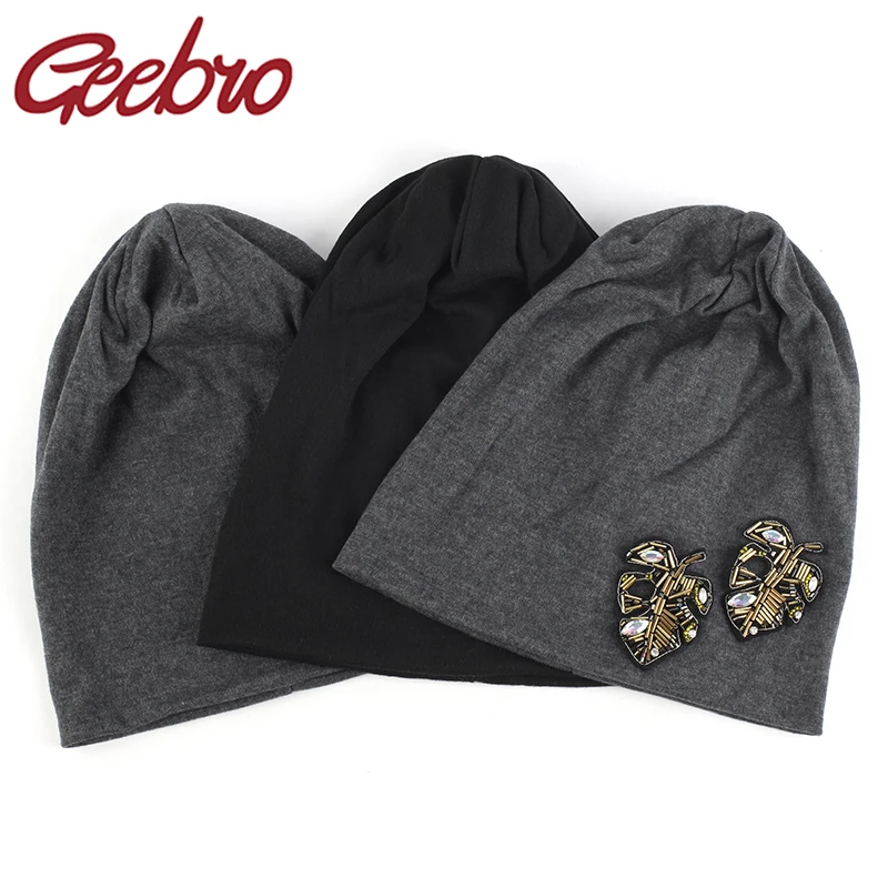 Geebro Women Leaves Rhinestones Cotton Soft Beanies Hat Mens Unisex Casual Slouchy Heart Caps ladies Girls Loose Black hats