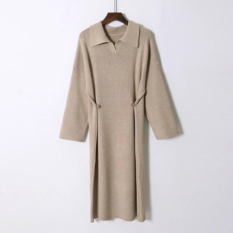 

PEONFLY New 2020 Autumn Winter Turn Down Sweater Dresses Women Button Loose Knitted Long Dress Female Knitwear Vestidos Green