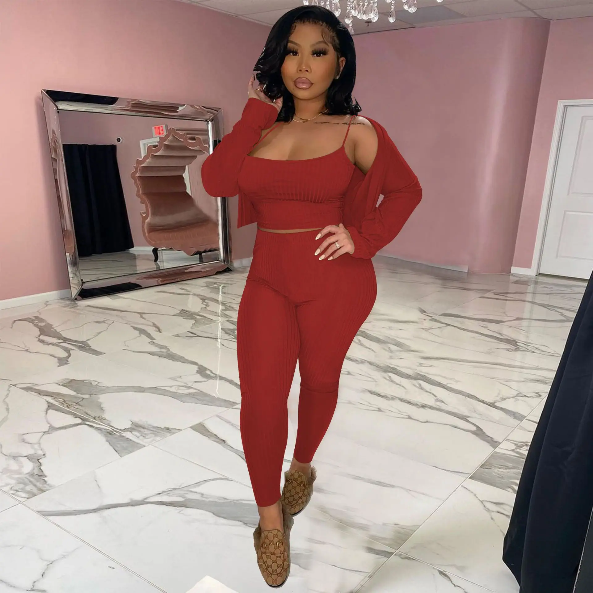 

2021 Best Quality Famous Brand 3 Pcs Women Set Solid Outwear Spaghetti Strap Short Tops Long Pants Autumn Casual Outfits