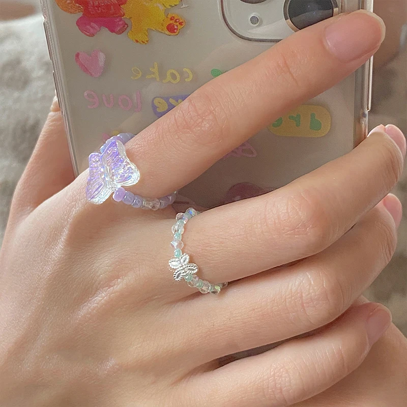 

2020 New Lovely Summer Korean Colorful Transparent Beads Butterfly Flowers Rings for Women Party Vacation Jewelry Gifts