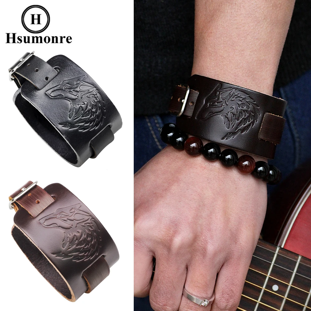 Мужской широкий кожаный браслет черный из натуральной кожи с принтом волчьей