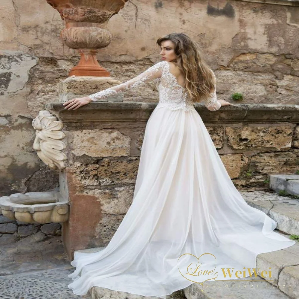 Женское свадебное платье, с круглым вырезом, кружевным шлейфом и жемчужными пуговицами, с длинным рукавом
