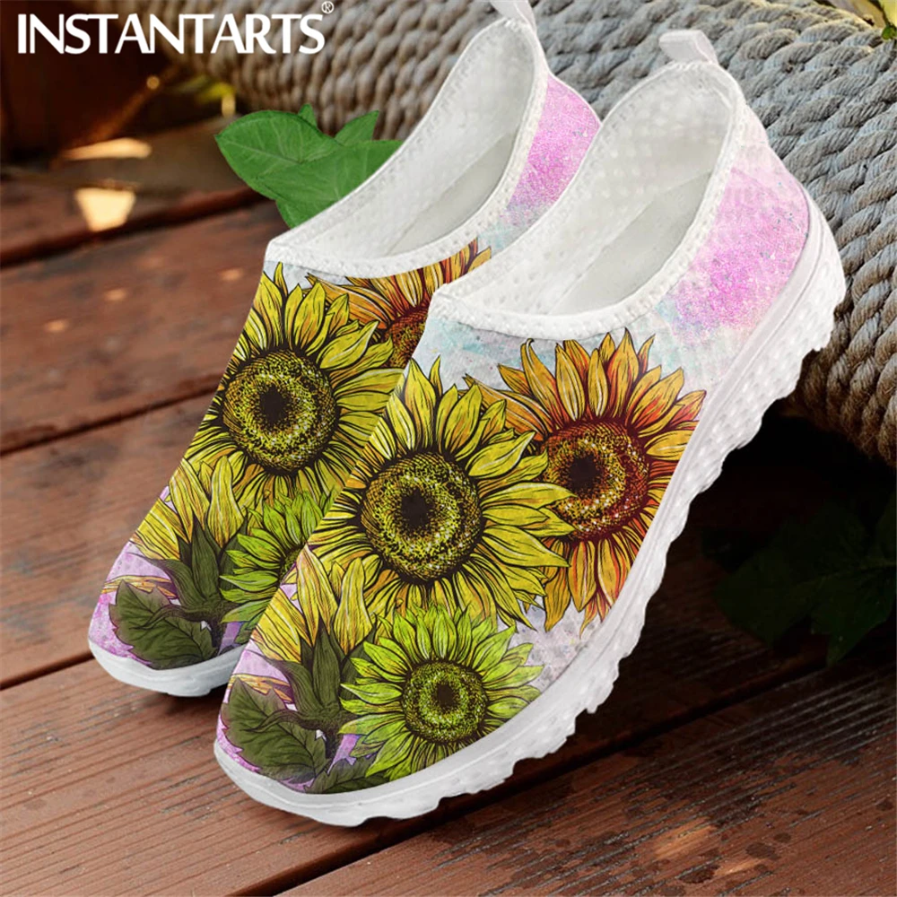 

Бренд INSTANTARTS дизайн принт подсолнечника; Женская обувь на плоской подошве из дышащего материала, без шнуровки, мокасины без задника на откры...