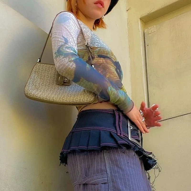 Женский тонкий укороченный топ Y2K с буквенным принтом облегающая Базовая рубашка