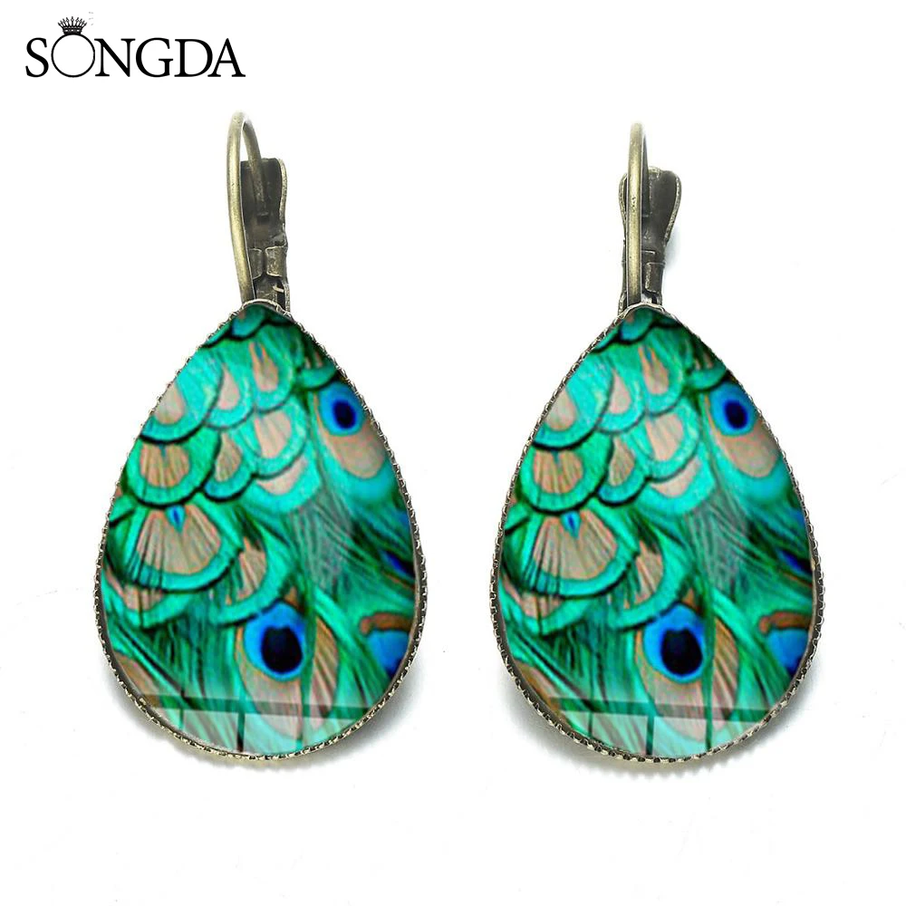 Этнические Ретро серьги-капли с зелеными перьями Кристальные стеклянные узоры