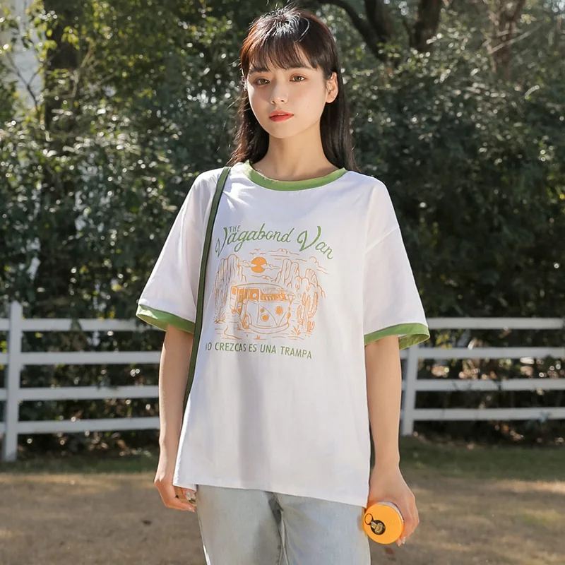 

Chic Khaki 2021 Summer New Loose Cotton Color-Matching Short-Sleeved T-shirt Female Letter Printing Student Cartoon Top Fashion