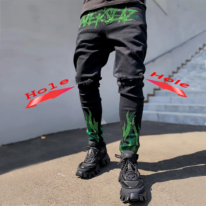 2021 Men's Jeans Ripped Skinny Hole Biker Trousers Stretch Slim Denim Pencil   Pants Street Punk Black Hot Drill Jeans For Men