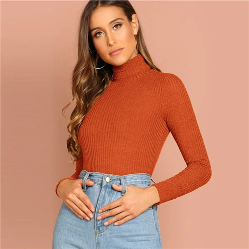 Bright Orange Sheinside, оранжевая, повседневная, с высоким воротом, ребристая вязка, футболка для женщин,, осень, одноцветная, Минималистичная, футболка, топы для девушек, базовый, тянущийся Топ - Цвет: Bright Orange