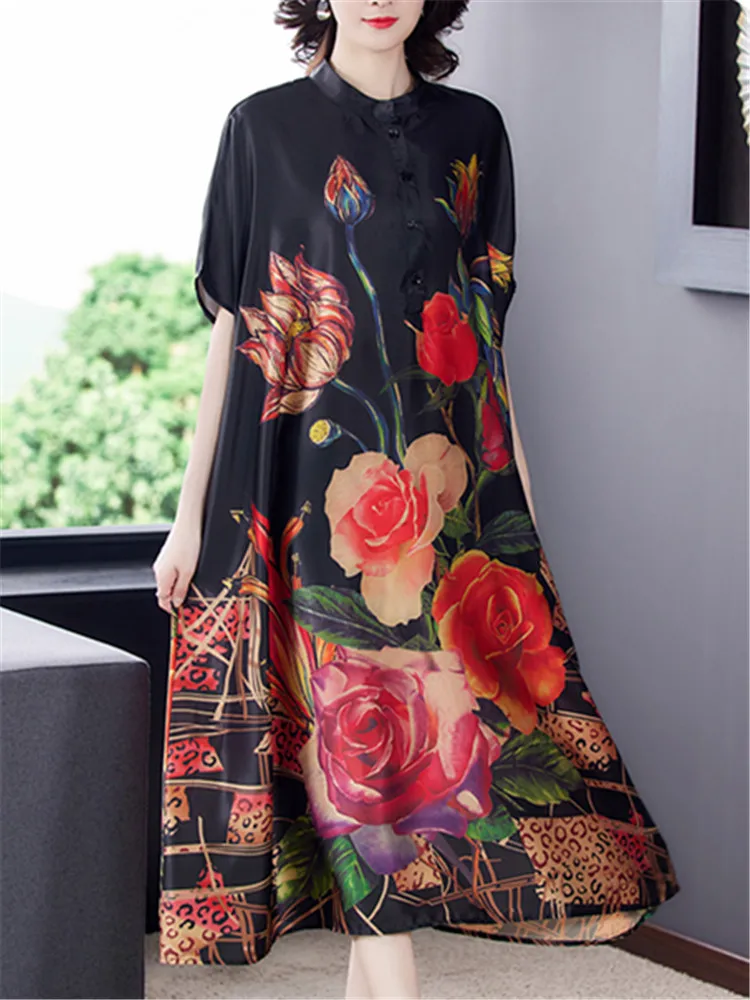 

Spring and Summer New Retro Stand-up Collar Plus Size Floral Print Dress Original Loose Bat Sleeve Long Dresses for Women