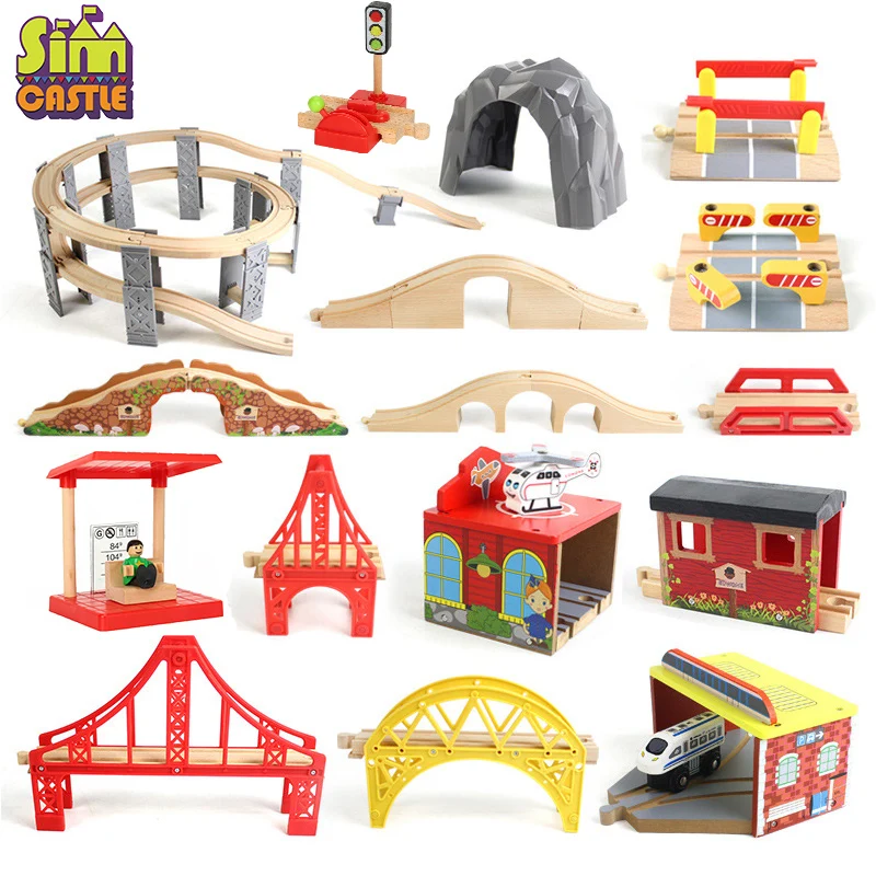 

Wooden Track for Trains Railway Station Toys for Children Wood Block Educational Boys Toy Car Cross Traffic Light Tunnel Bridge