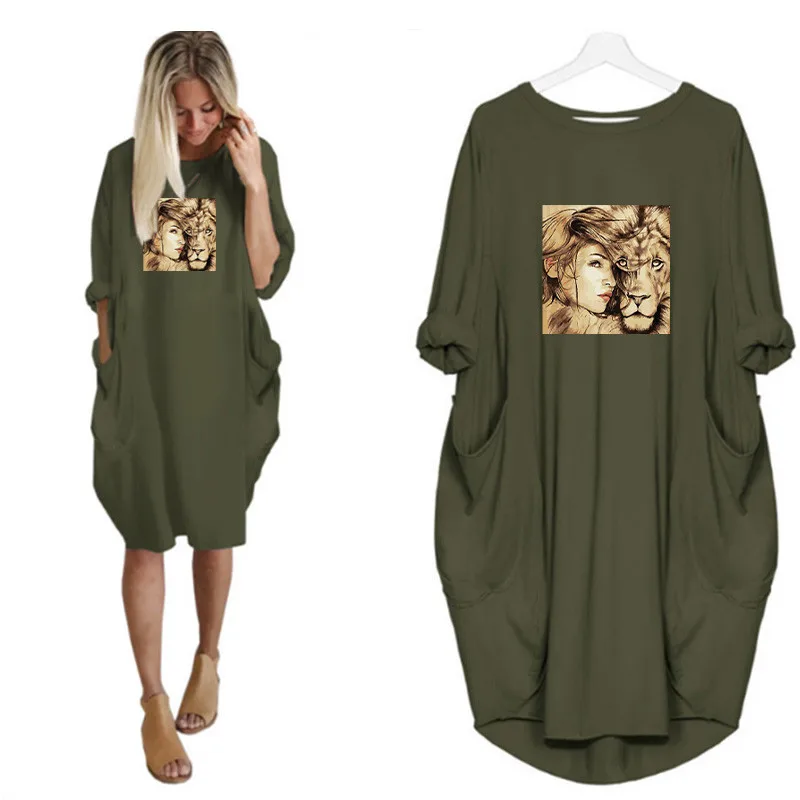 

2020 Plus Size 5XL Women Loose Dress Girl And Lion Print Long Sleeve O Neck Pocket Casual Streetwear Vestidos Dresses Robe Femme