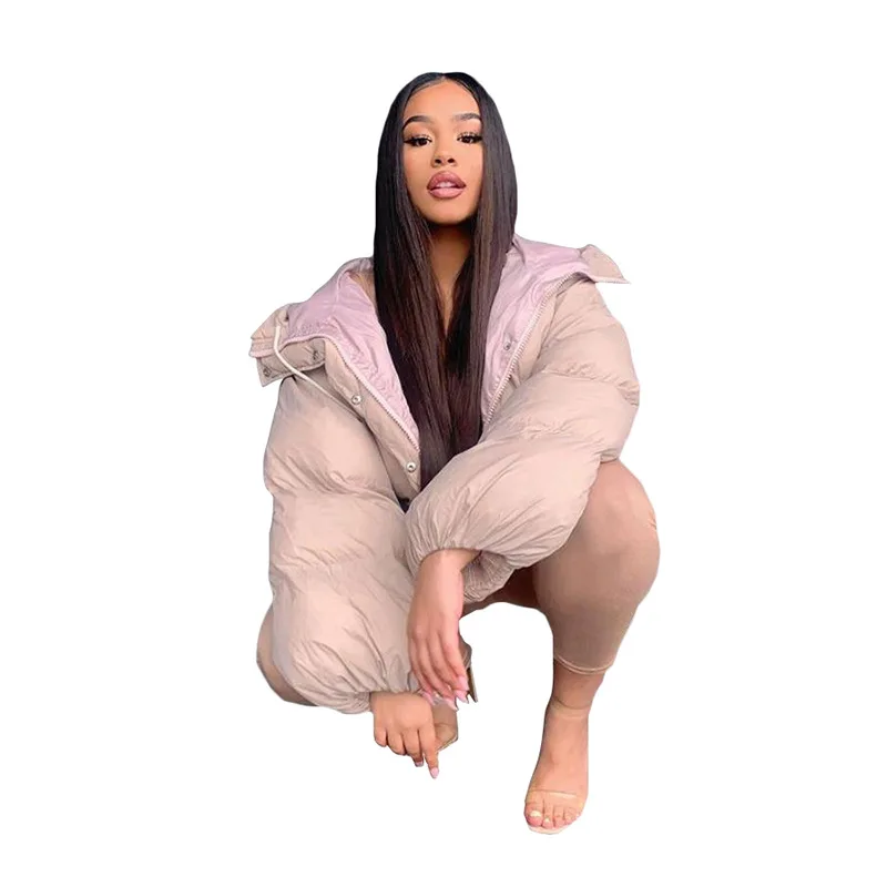 Chic Warm Solid Windbreak Hooded Jacket Coats Women Winter Loose Casual Streetwear Outerwear 2021 Baggy Cotton-Padded Clothes