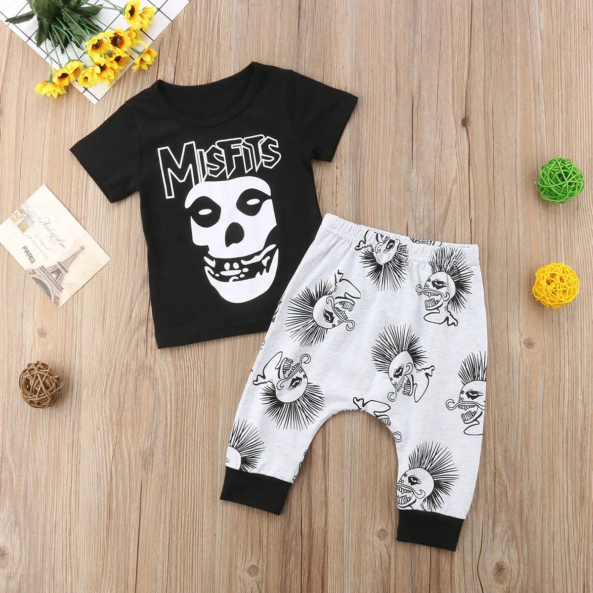 2PCS Newborn Toddler Baby Boy Clothes Black Skull print T-Shirt Top + Long Pant Outfit Kids Summer Cotton Clothing Set 0-3Y