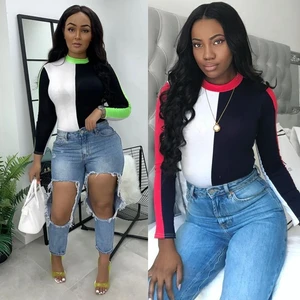 Contrast Color Cotton T-Shirt Longs Sleeve Women Patchwork T-shirts Autumn Winter New 2021 Casual Crop Tops T Shirt