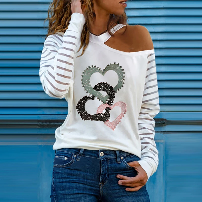 

2021 Spring New Women Elegant V-Neck Zipper Design Blouse Shirts Fashion Heart Print Tops Lady Casual Long Sleeve Loose Pullover