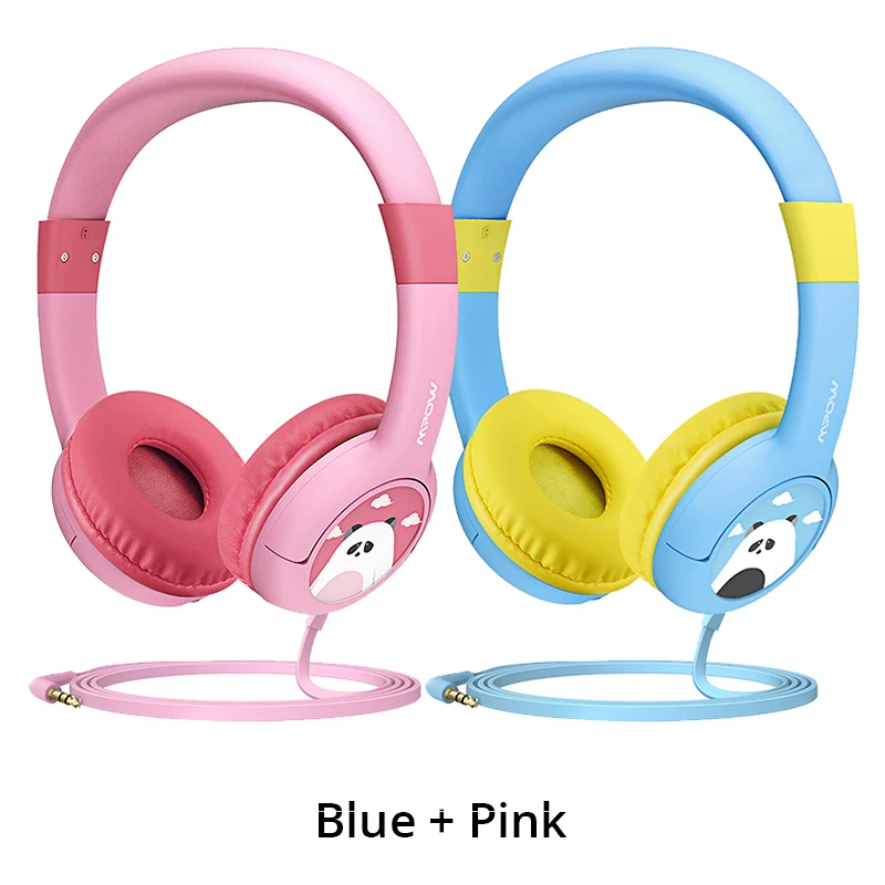 Blue and Pink Mpow BH178 детские наушники для защиты слуха, проводные наушники с милой пандой, ограниченная громкость, гарнитура с общим портом и микрофоном для iPhone, iPod - Цвет: Blue and Pink