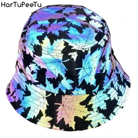 women rainbow bucket hat maple leaf reflective light unisex club disco hip hop hat street headwear wide brim fisherman cap