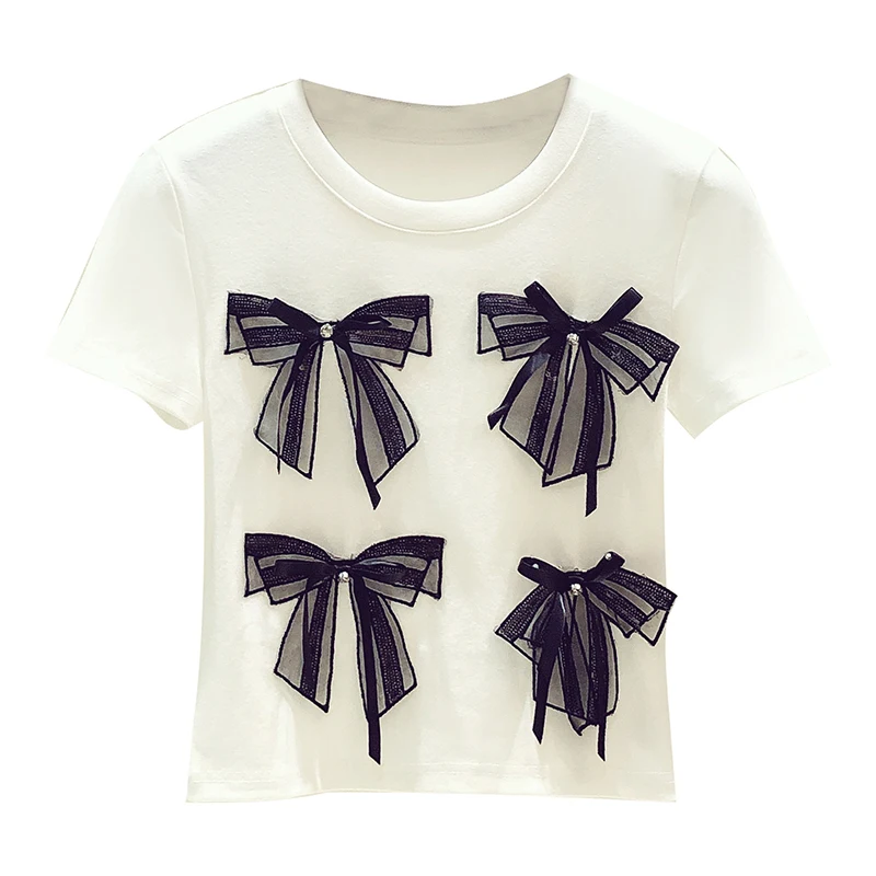 

Three-Dimensional Bow Diamond Short Sleeve Loose T-shirt Women 2021 Summer New Crop Top Ladies All-Match Tees Camisetas De Mujer