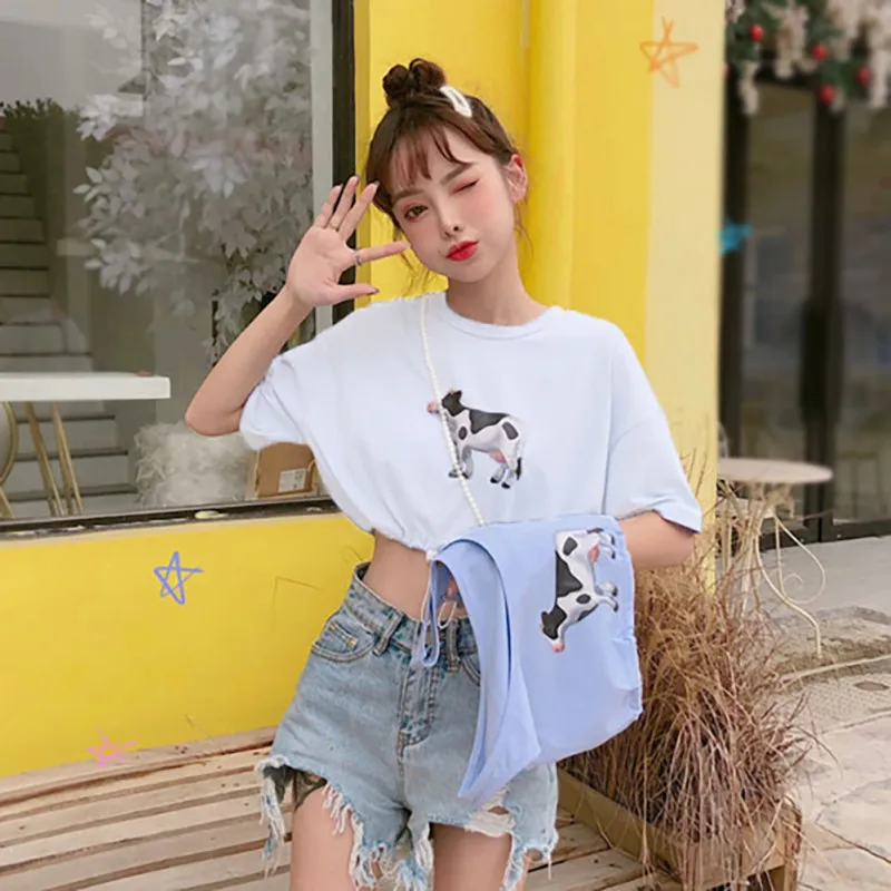 2019 Summer Women's Casual Elegant Fashion Style Round Neck Cartoon Cow Print Short Sleeve Drawstring Pullover Crop Top T-Shirt | Женская