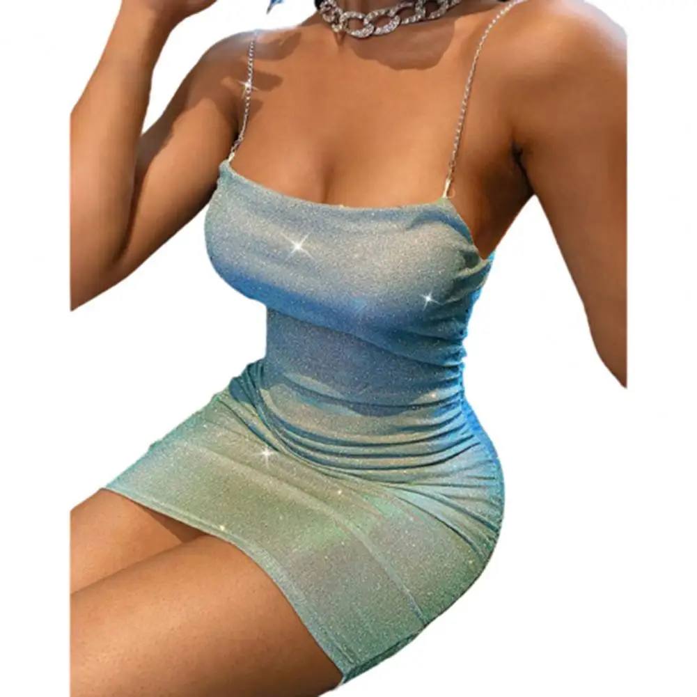 

Sexy Women Dress Shiny Chain Spaghetti Straps Solid Color Backless Bodycon Mini Dress for Party