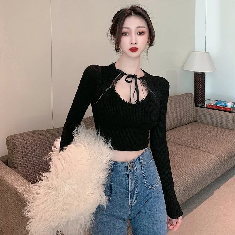 

2021 New Women's Knitted Pullover Short Foreign Style Tight Lace Sweater Long Sleeve Slim Sexy Top Backless Bow T-Shirt