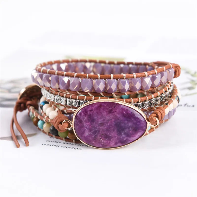 Leather Wrap Bracelet Natural Stone Beaded 5X Layers Statement Art Christmas Jewelry Gifts Drop Shipping | Украшения и аксессуары