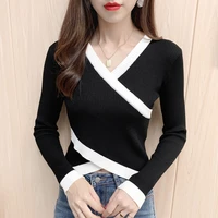 casual v neck jumpers fall clothes for women 2021 winter knitted crop sweater long sleeve woman sweaters black pull femme hiver
