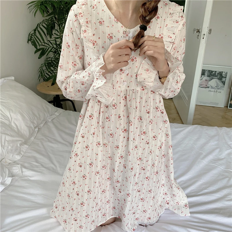 

spring summer floral print nightgowns women 100% cotton sleepdress ruffles long sleeve mini dress sleepwear home clothes