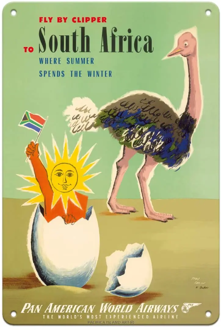 Флаи бай Клиппер Южная Африка - Пан Американ Ворлд Эйрвэйз плакат Джин Карлю и Дж. 1952-8 дюймов x 12 дюймов винтажный металлический знак на.