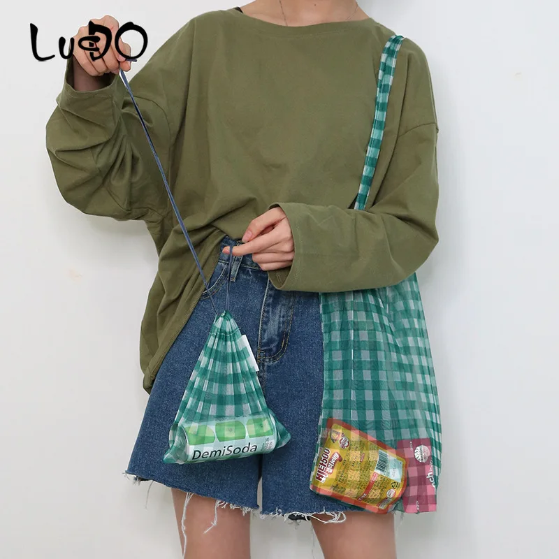 

New Plaid Mesh Tote Women Transparent Shoulder Bag For Women Simple Versatile Reusable Handbag Foldable shopping bag Sac A Main