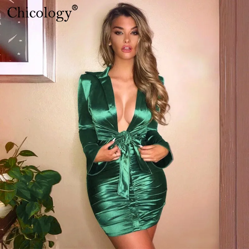 Chicology неоновое атласное атлас зашнуровать мини платье женское 2019 длинным рукавом