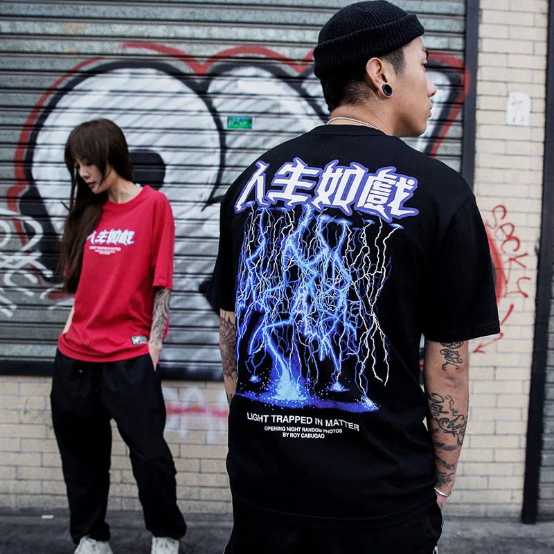 Футболка мужская оверсайз с принтом молнии хлопковая рубашка в стиле хип хоп