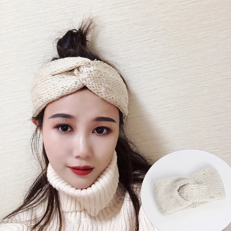 Бесплатная доставка теплые вязаные повязки на голову с блестками женские для
