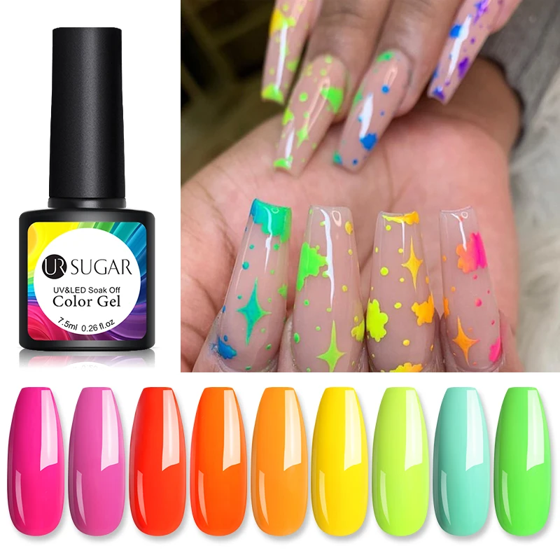 

UR SUGAR Neon Gel Polish Hybrid Nails For 7.5ML Fluorescent Semi Permanent Soak off Base Matte Top Coat Gel Nail Polish
